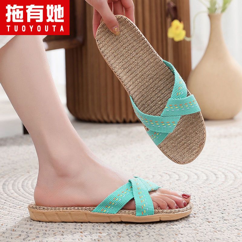 P Korean cute linen slippers summer ladies indoor non-slip sandals soft-soled household mute couple sandals and slippers women