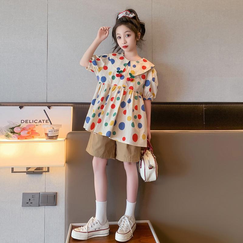 P girls summer suit, little girls new summer doll shirt, short sleeved, fashionable, casual shorts, two-piece set, trendy