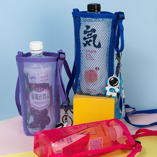 Funda tipo bolsa para taza de agua con rejilla para niños, bandolera portátil para viajes, turismo, botellas de agua mineral, bebidas, funda protectora para taza aislante 