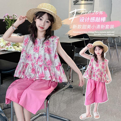 P girls&#039; summer suit 2024 new western-style fashionable sweet vest girls&#039; loose skirt two-piece suit