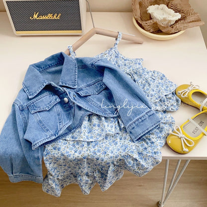 Girl's Fashionable Set Baby Spring Dress New Children's Fashionable Cowboy Coat Dress Spring and Autumn Two Piece Set