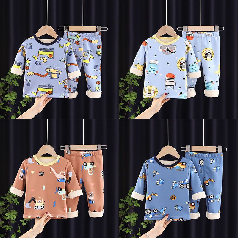 P children's thermal underwear set fleece thickened boys and girls long johns baby pajamas children's underwear winter