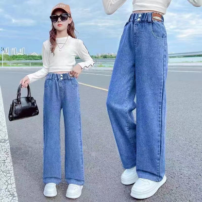 P girls spring and autumn jeans wide-leg pants 2024 new girls Korean version loose fashion foreign style middle-aged pants tide