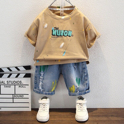 P Boys T-shirt Short Sleeve Set Children's Denim 2024 New Half Sleeve Small and Medium-sized Baby Summer Five-Piece Two-Piece Trend