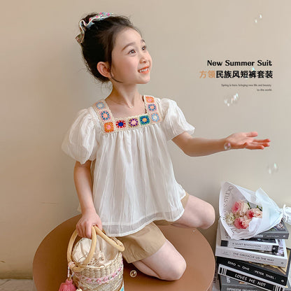 P Ohm Bear Girls' New Chinese Set Ethnic Set 2024 Summer New Female Baby Fashionable and Fashionable Two Piece Set