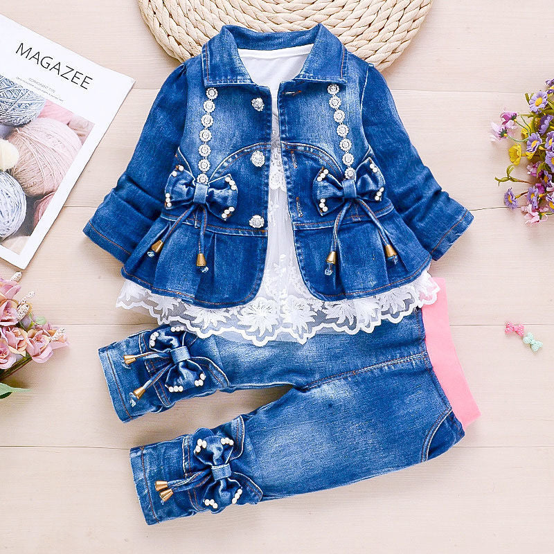 Baby girl spring cowboy three-piece suit 1-2-3-4 years old girl spring and autumn cowboy baby girl tide suit