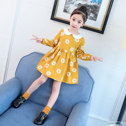 Girls spring and autumn dress flowers, new korean version doll collar long sleeve princess skirt, middle and big children's skirt shirt, children