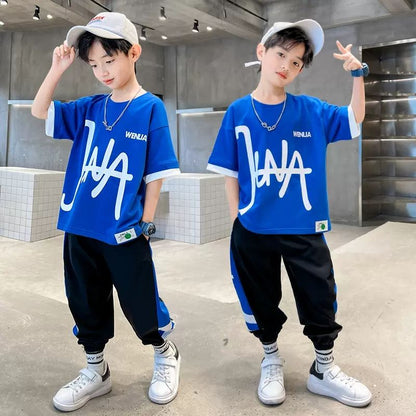 P boys summer suit thin children&#039;s 2023 new Korean fashion boy short sleeve ice silk pants two-piece.