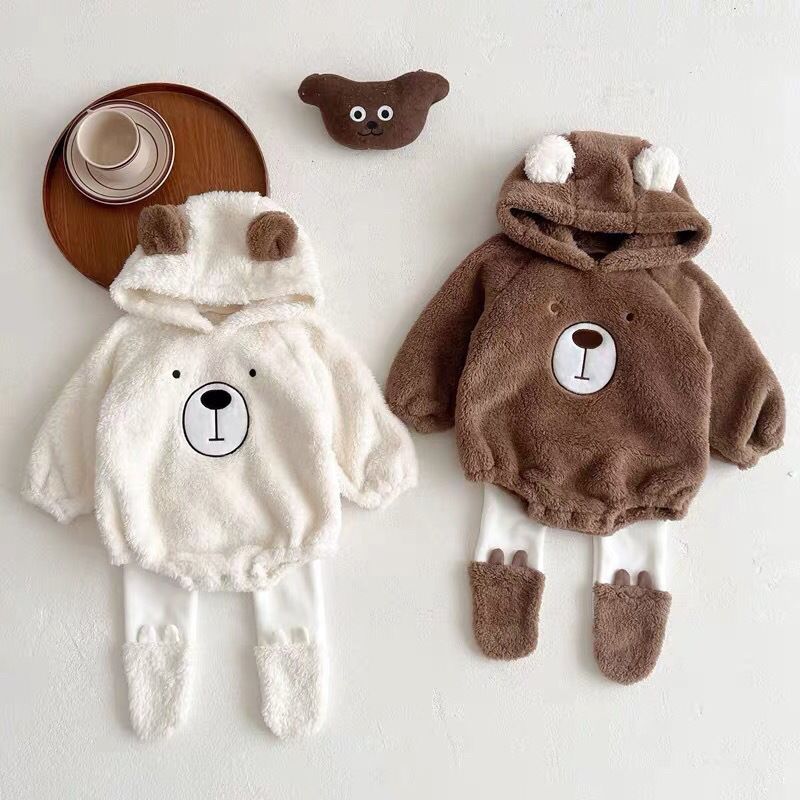 P ins baby clothes autumn and winter cute hooded bear baby velvet Romper climbing suit fart suit set two-piece set