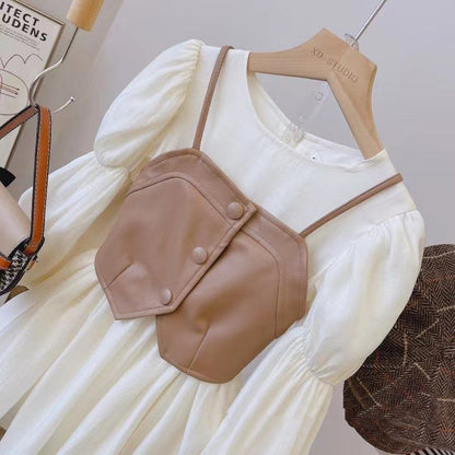 Two piece autumn dress set for girls from CUHK , French retro PU leather vest dress set