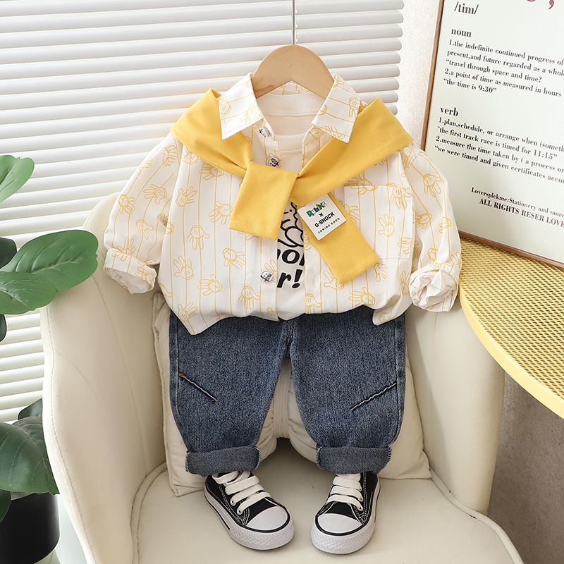 P Boys Autumn Shirt Set 2024 New Style Long-sleeved Shirt for Men and Children Spring and Autumn Children Handsome Three-piece Set