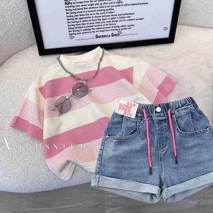 P girls denim shorts suit summer new female baby thin girls fashion casual summer children pants tide.