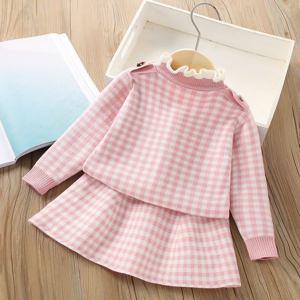 Girl's sweater set autumn and winter new Korean style western-style baby girl plaid small fragrant style knitted two-piece dress