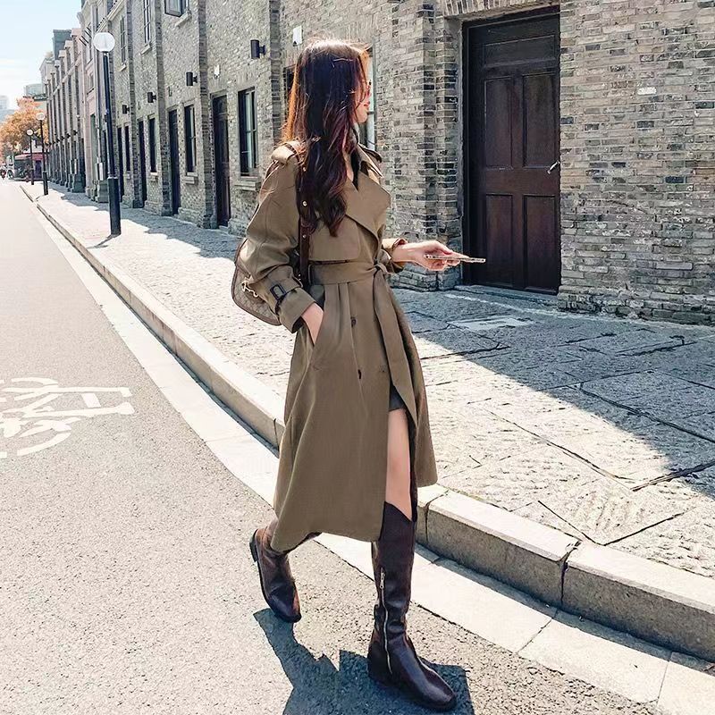 P French trench coat women's new spring and autumn waist drape foreign style medium and long popular high-end trench coat women