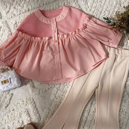 Girls Set Autumn Little Girl Retro Style Spliced Western Style Shirt Temperament Flare Pants Two piece Set Autumn 0.4kg