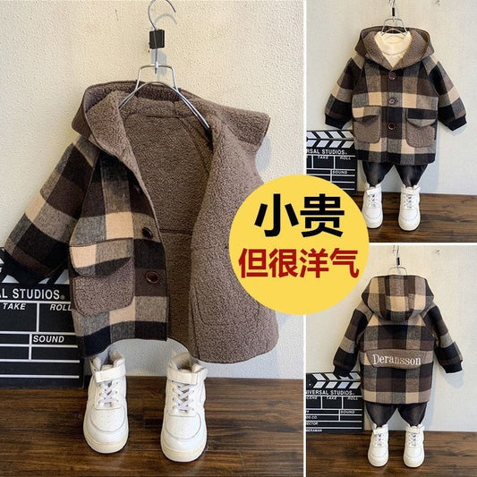 Winter  warm woolen coat for boys and girls,  velvet and thickened mid-length sheep cake velvet