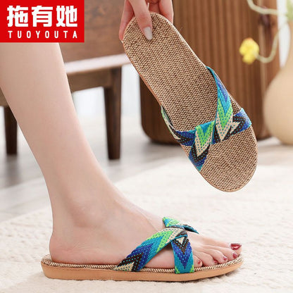 P Korean cute linen slippers summer ladies indoor non-slip sandals soft-soled household mute couple sandals and slippers women