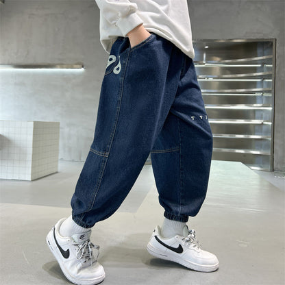 P boys jeans spring and autumn 2024 new autumn casual pants medium and large children's boys autumn pants cool and trendy