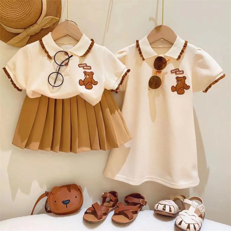 P girls POLO shirt dress new summer clothing, children's short sleeved T-shirt pleated skirt set, college style two-piece set 2