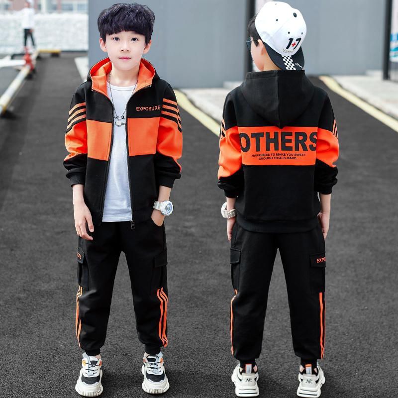 P Boys Middle and Older Children Spring and Autumn Outdoor Sports Handsome Tooling Suit Korean Version Foreign Style Tide Leisure Two-piece Set