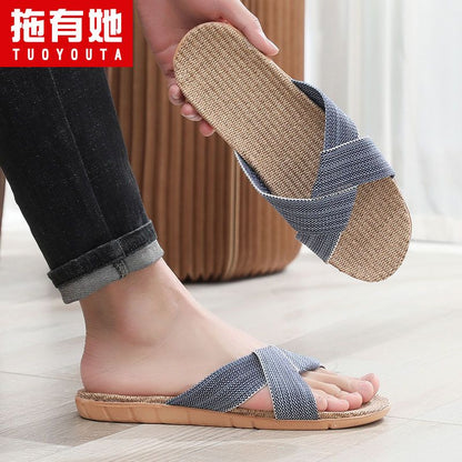 P Korean cute linen slippers summer ladies indoor non-slip sandals soft-soled household mute couple sandals and slippers women