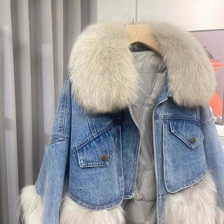 P young fur denim pie overcome female 2024 Internet celebrity stitching new Haining fashion imitation raccoon hair short