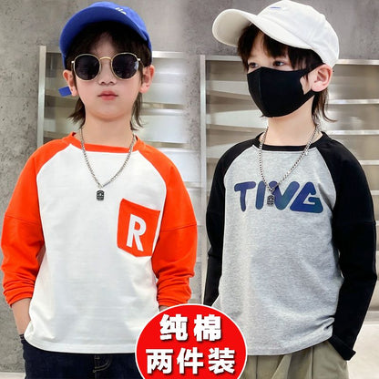 P boys long-sleeved t-shirt pure cotton middle and older children's autumn clothes outer wear boys autumn bottoming shirt top Korean version tide