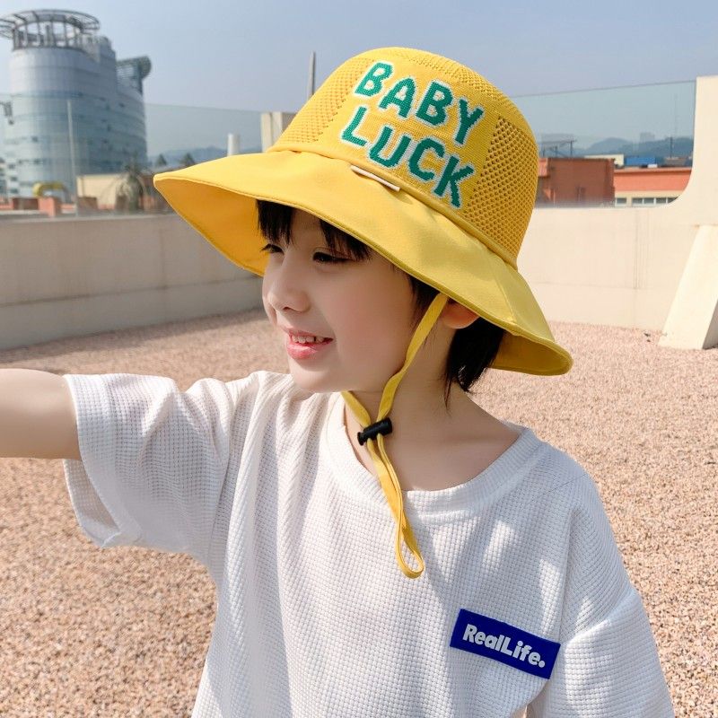 P Children's sunscreen hat summer boys and girls UV protection sun hat baby cartoon mesh large brim sunshade bucket hat