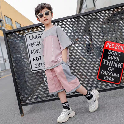 P Children&#039;s clothing boy summer suit 2024 new Korean version of children&#039;s large children&#039;s short-sleeved shorts two-piece western-style clothes