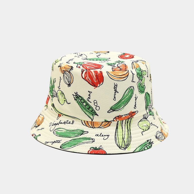 P 2022 Nuevo sombrero de pescador con estampado de vegetales creativo para mujer, sombrero para el sol de verano para exteriores, sombrero versátil para olla 