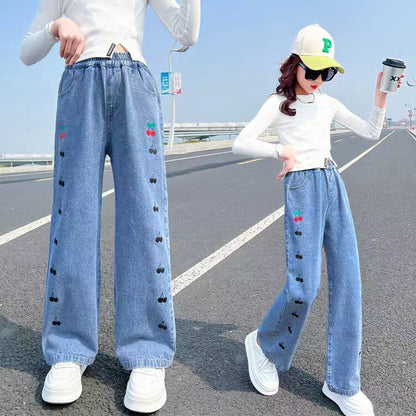 P girls spring and autumn jeans wide-leg pants 2024 new girls Korean version loose fashion foreign style middle-aged pants tide