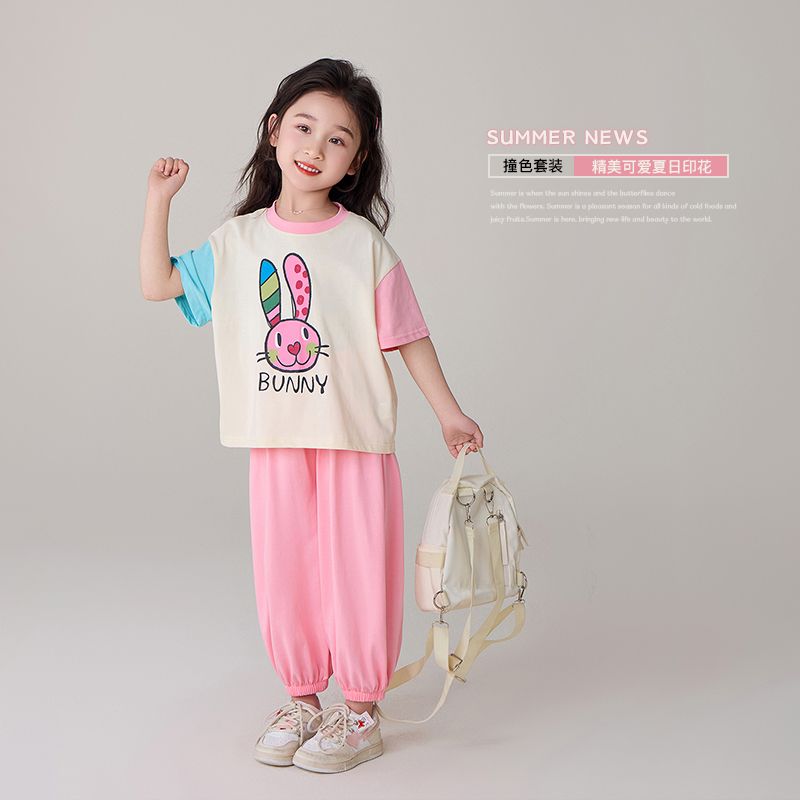 P Ohm Bear Girl Color Contrast Set 2024 Summer New Girl Thin Casual Sports Two Piece Set with Western Style