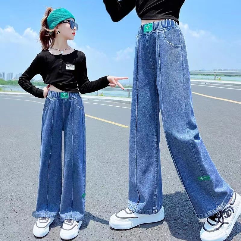 P girls jeans 2024 spring and autumn new girls Korean wide-leg pants medium and older children's foreign loose casual straight-leg pants