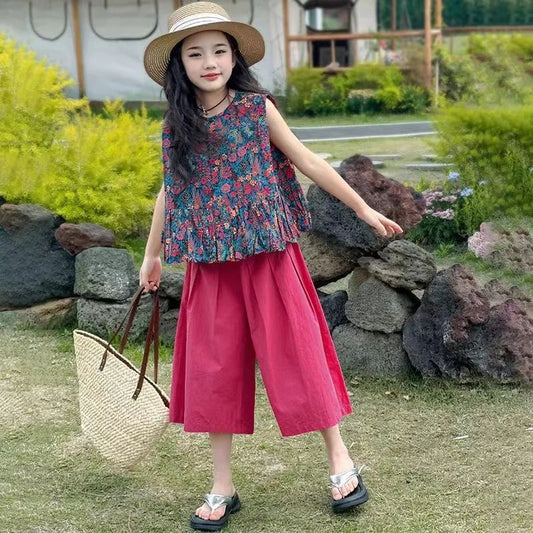 P 2024 New Girls' Summer Outfit Girls Foreign-style Floral Tops, Children's Wide-leg Pants, Big Kids Fashionable Two-Piece Set