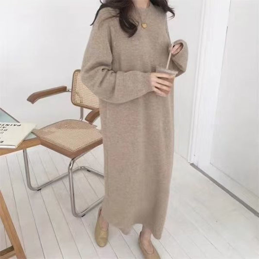 P Korean lazy temperament chic style solid color loose round neck long simple thickened knitted sweater long dress dress