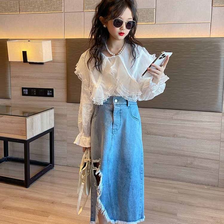 Girls Fashion Set 2024 New Western Style Big Boy Denim Skirt Set Trendy Internet Red Fashion Skirt Korean Edition