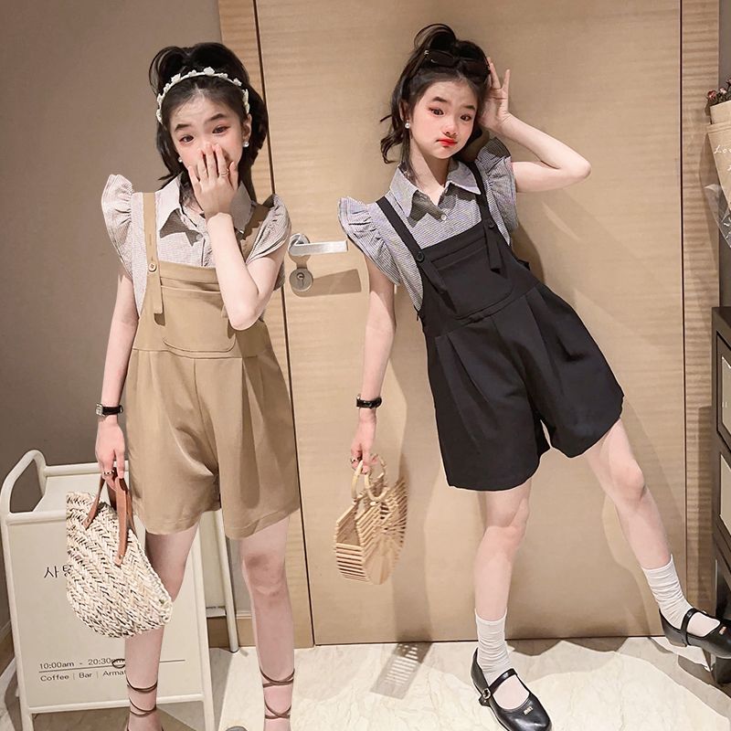 P Girls&#039; Suit 2024 New Summer Dress Western-style girls&#039; suspenders and girls&#039; children&#039;s summer clothes are fashionable.