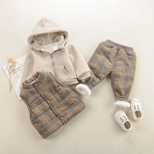 P Children's clothing new boys winter girl baby cotton jacket set autumn and winter three -piece outer plus velvet thick baby clothes