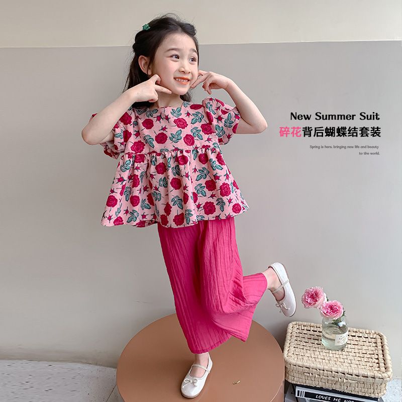 P Ohm Bear Girls' New Chinese Style Summer Set 2024 New Western Style Baby Girl Fashionable Summer Breathable Two Piece Set