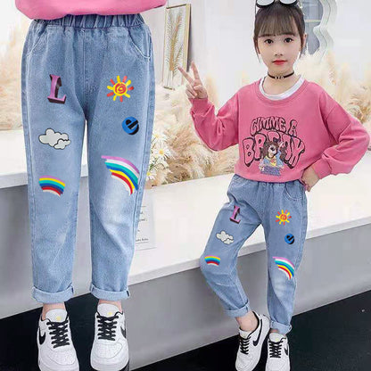 P girls jeans 2024 spring and autumn new girls Korean wide-leg pants medium and older children's foreign loose casual straight-leg pants