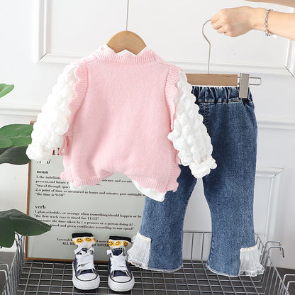 Girls Spring and Autumn Set New Little Girl Cute Knitted Vest Jeans Children's Western Style Three piece Set Trendy