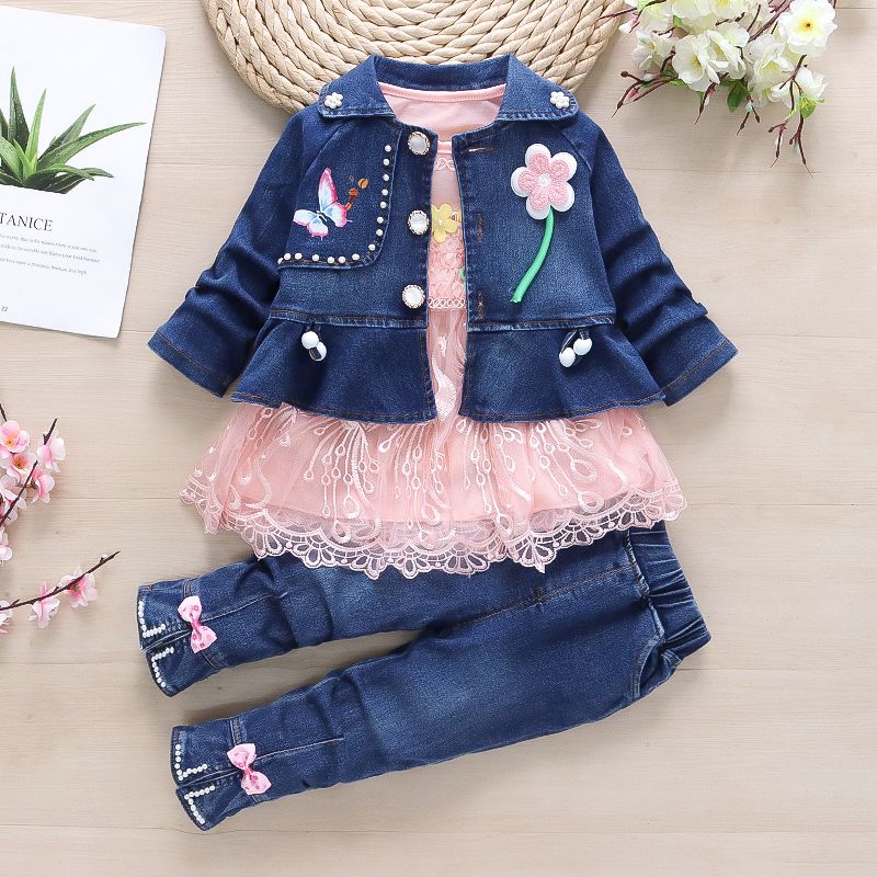 Baby girl spring cowboy three-piece suit 1-2-3-4 years old girl spring and autumn cowboy baby girl tide suit