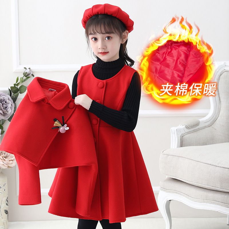 Girls' dresses, autumn and winter woolen shawls, two-piece skirts, medium and large children's princess dresses, winter fleece suits