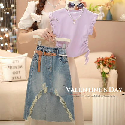 P Girls' Summer Dress Set 2024 New Fashionable Short sleeved Summer Denim Skirt for Children Two Piece Set