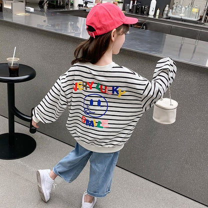 P Children's and Girls' 2024 Autumn New Long Sleeve Top Bottom Shirt Black and White Stripe Printing Color Cotton Elastic Loose