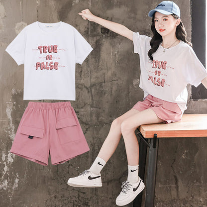 P Girls' summer clothes, new suits, foreign children's clothes, summer Internet celebrities, short-sleeved thin children's sports shorts, two-piece set