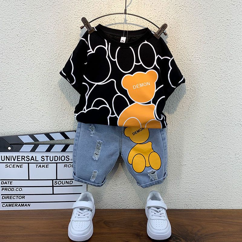 P Boys Summer Set 2024 New Western Style Baby Summer Clothing Boys Korean Edition Handsome Short sleeved Two Piece Set Trendy