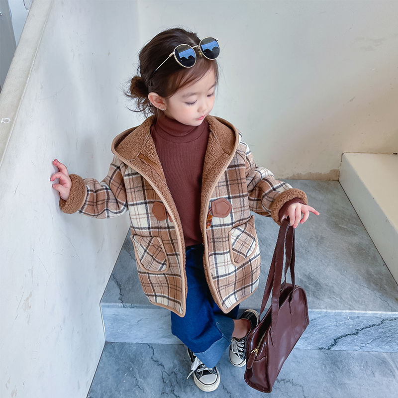 Abrigos de lana para niñas, cortavientos de botones de croissant de largo medio para niños, abrigos de lana a cuadros y terciopelo para bebés 