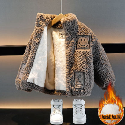 Children's clothing boys plus velvet jacket autumn and winter 2023 new thick handsome baby boy winter clothes children's lamb velvet