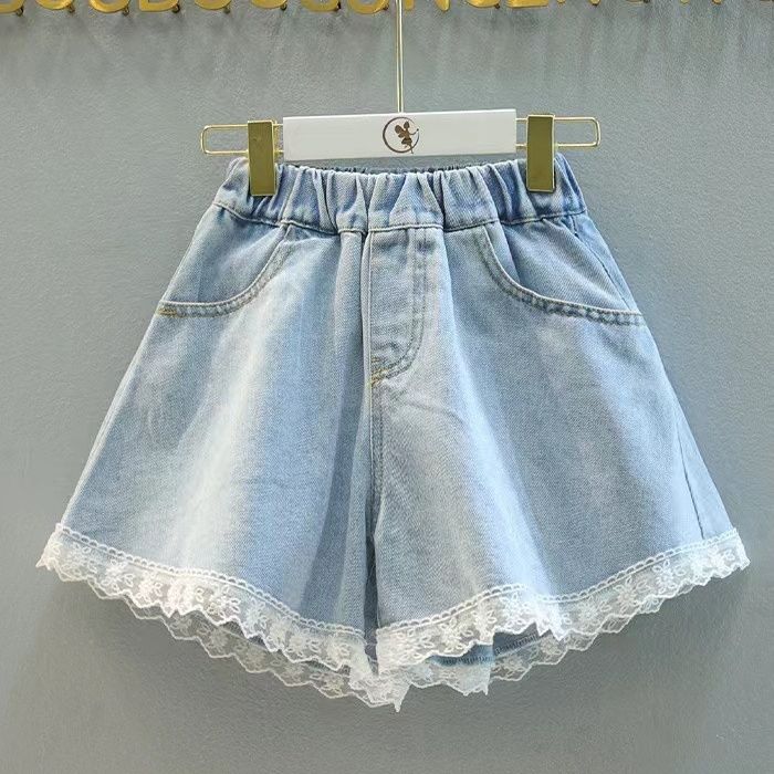 Vestido de verano 2024 para niñas, nueva camisa de manga corta para niños Zhongda, camisa de muñeca de encaje francesa para niñas, traje corto de mezclilla